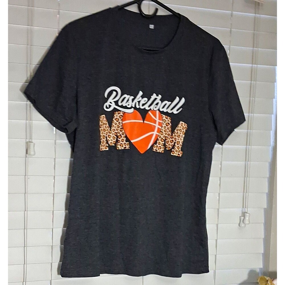 Basketball Mom Graphic Print Gray Crew Neck Short Sleeve T-Shirt Size L